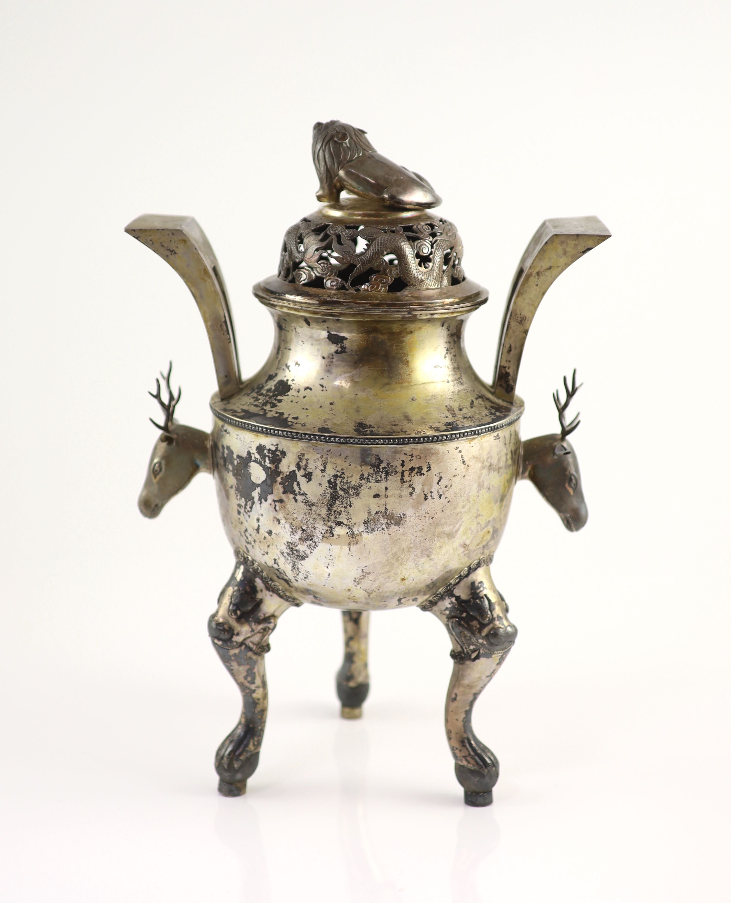 An early 20th century Chinese Export silver two handled koro and cover